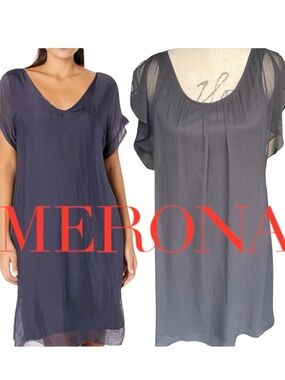 Merona Black Split Cap Sleeve Chiffon Overlay Midi Dress (S)